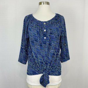 Adrienne Vittadini Womens S Top Blue Yellow Geometric Tie Front Logo Buttons #B